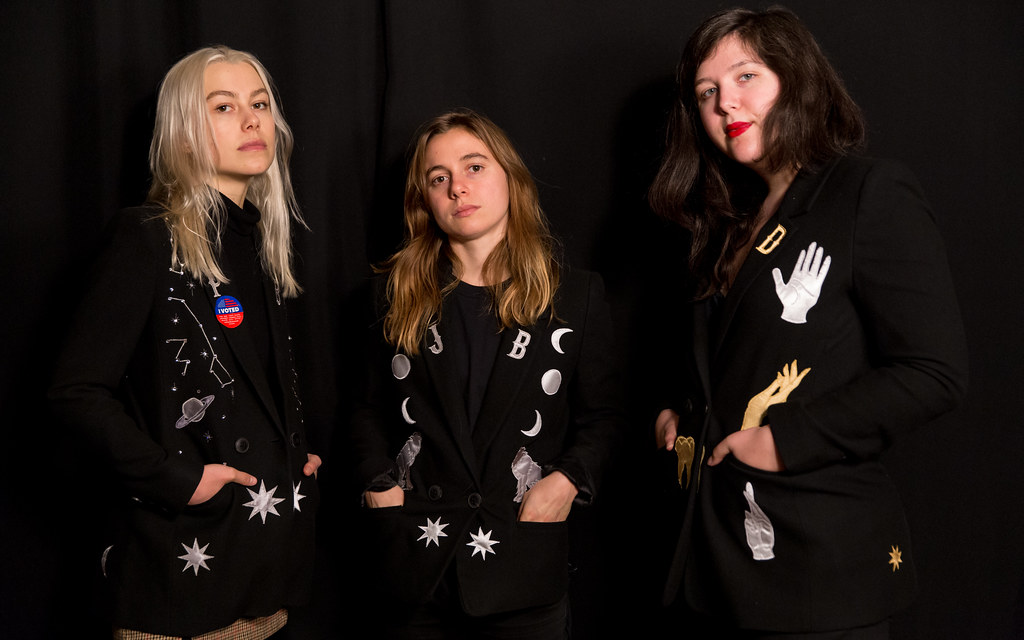 The members of Boygenius: Phoebe Bridgers, Julien Baker, and Lucy Dacus - from left to right 
