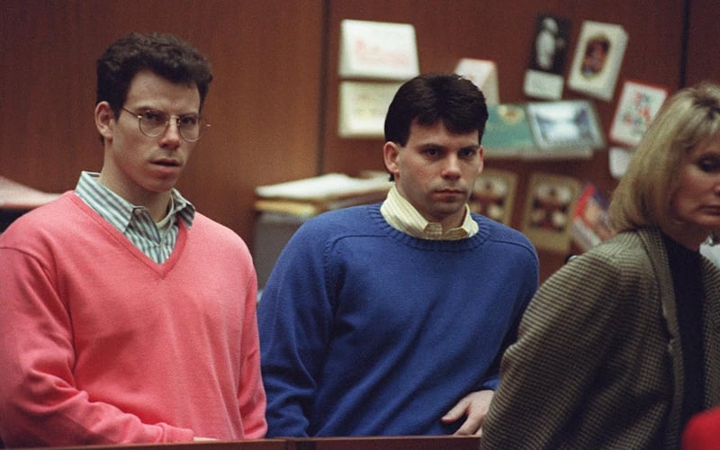 Erik Menendez (left) and Lyle Menendez (right) in a court trial after the murder of their parents. (1992) 